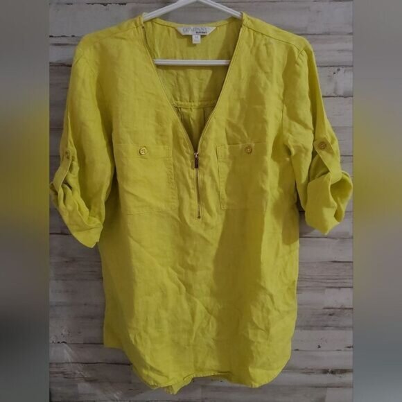 Ellen Tracy Company Linen Zip-Front Roll Tab Sleeve Top – Limeade – Size M - Picture 1 of 5